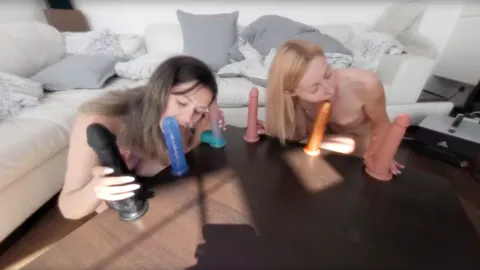 Josie & Bleika's Wild Dildo Gangbang with 6 Cocks on Table