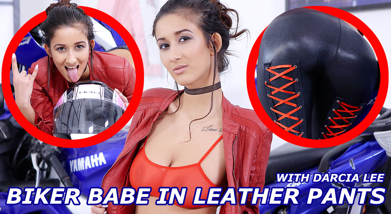 Biker Babe Darcia Lee Strips Leather Pants for Solo Pussy Play
